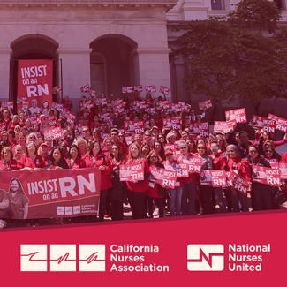 Nurses in front of state capitol building holding banners and signs: "Insist on an RN"