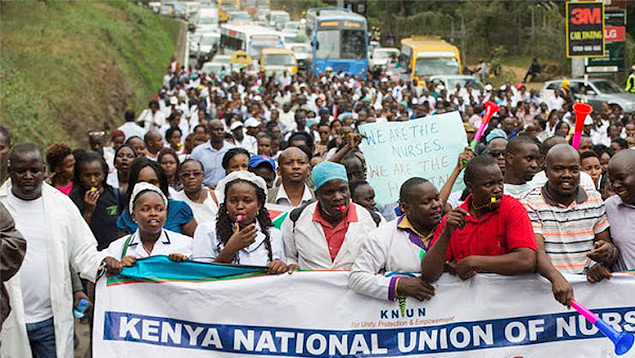 Striking Kenyan nurses take part in a protest in Nairobi