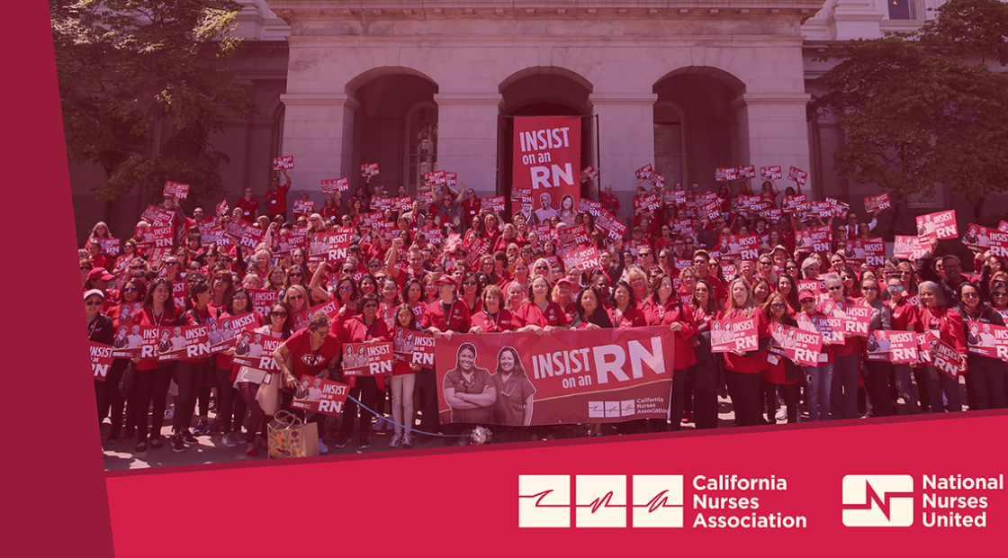 Large group of nurses outside CA Capitol building, CNA/NNU logos