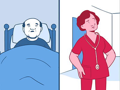 Cartoon drawing of patient in bed at home on one side, nurse in hospital on the other