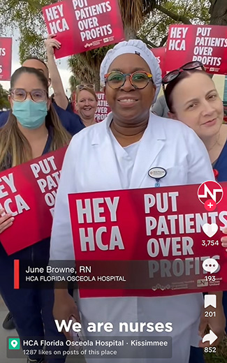 Screenshot of TikTok reel with nurses holding signs "Patients over profits"