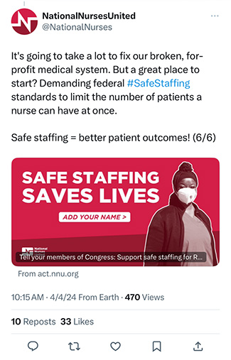 Screenshot of Twitter post about safe staffing