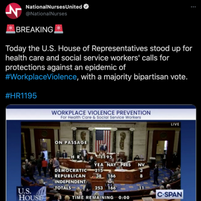 BREAKING Today the U.S. House of Representatives stood up for health care and social service workers' calls for protections against an epidemic of #WorkplaceViolence, with a majority bipartisan vote.  #HR1195