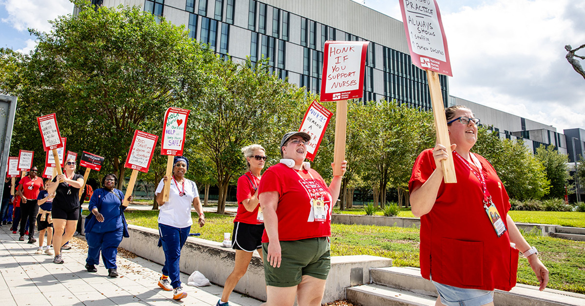 Nurses on picket line outside of University Medical Center in New Orleans