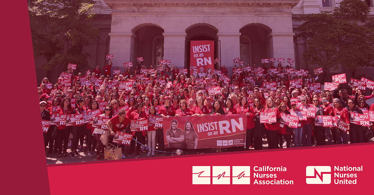 Large group of nurses outside California capitol building, CNA and NNU logos