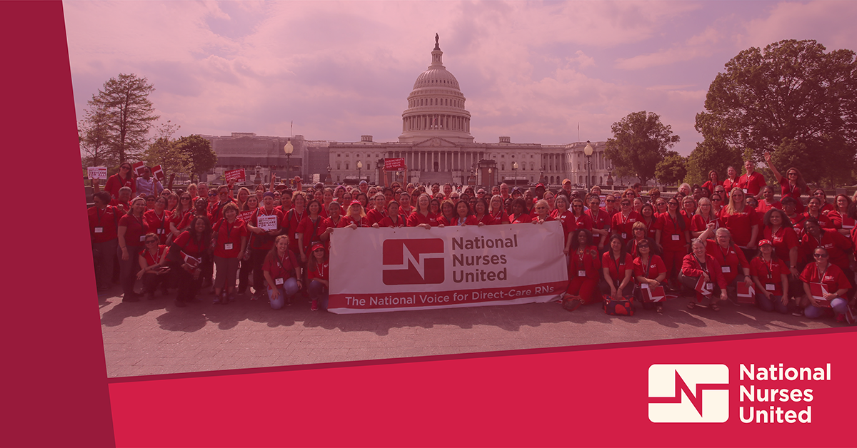 Large group of nurses outside Capitol building, NNU logo