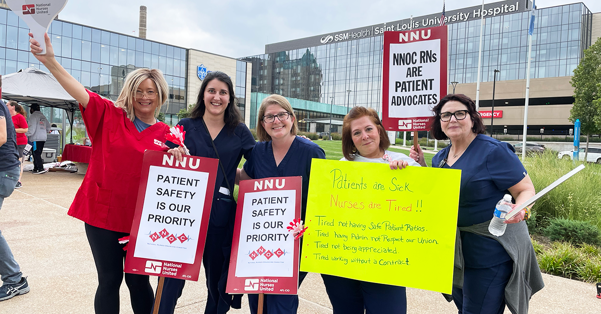 RNs outside Saint Louis University Hospital with signs "Patient safety is our priority" "NNOC RNs are patient advocates" "Patients are sick, nurses are tired..."