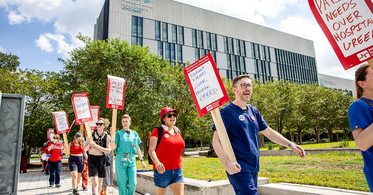 Nurses on picket line outside of University Medical Center in New Orleans