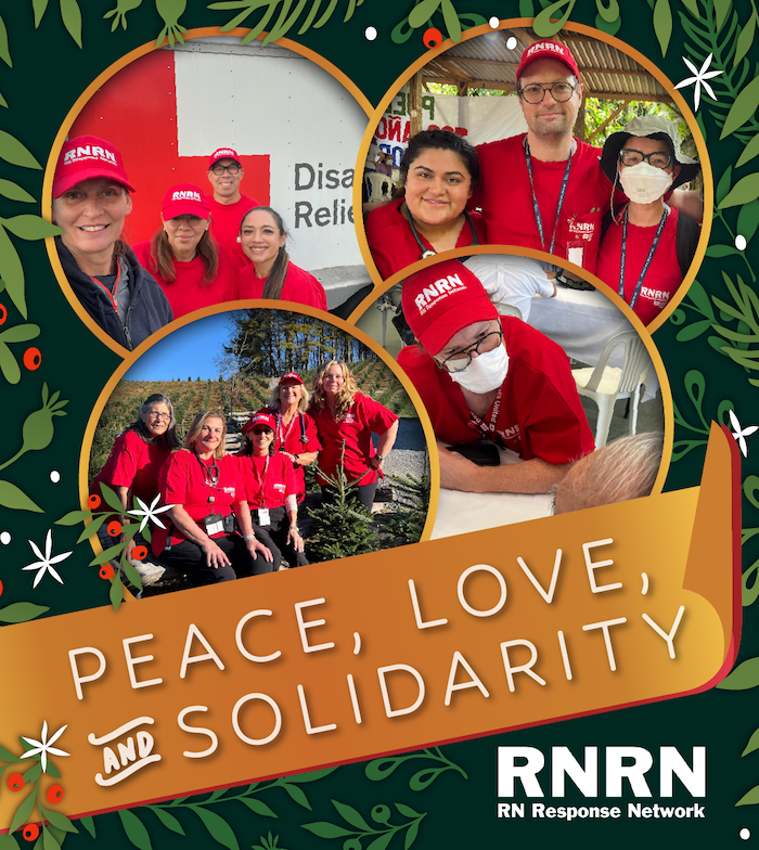 Collage of RNRN actions and holiday message "RN Response Network wishes you and yours a happy and safe holiday season!"