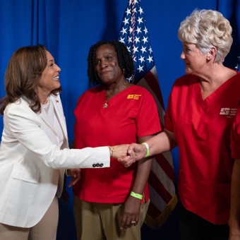 Vice President Kamala Harris shaking hands with nurses