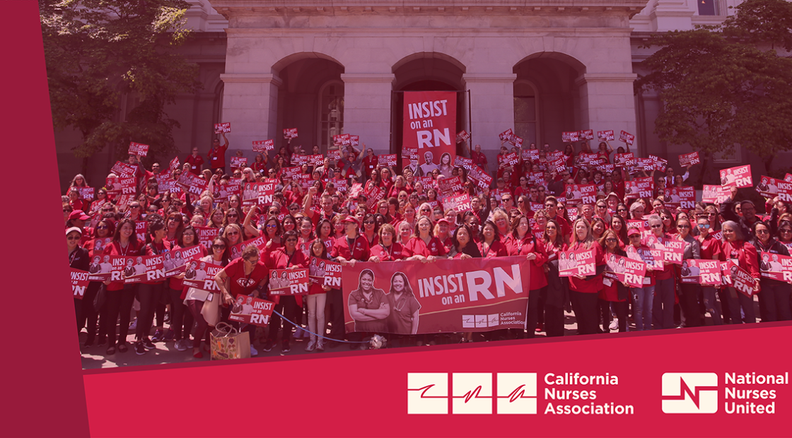 Large group of nurses outside California capitol building, CNA and NNU logos