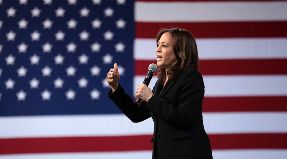 Vice President Kamala Harris speaking into microphone in front of American flag