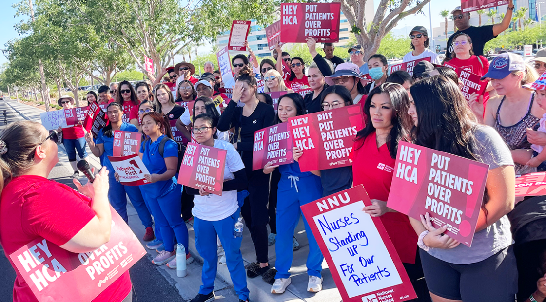 MountainView nurses holding signs like "Save Lives: Safe Staffing Now", "Hey HCA put patients over profits"