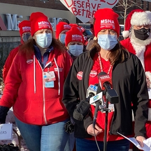 Maine Medical Center nurses ouside hospital holding press conference