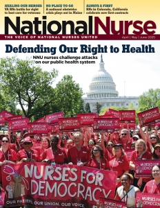 Large group of nurses in front of Capitol Building in Washington, D.C., holding banner "Nurses for Democracy"