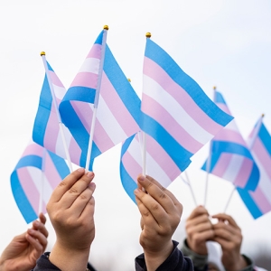 Hands holding trans rights flag