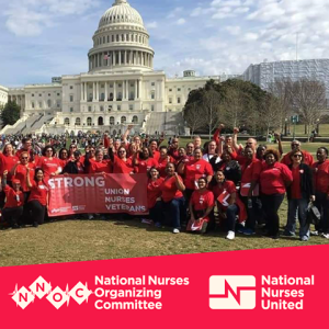 VA nurses in front of D.C. capitol with banner "Strong Nurses, Union, Veterans"