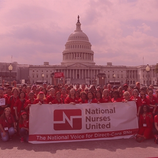 Nurses in front of capitol with banner "National Nurses United: The national voice for direct-care RNs"