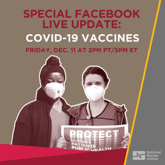 Nurses in protective equipment; Graphic - "Special Facebook Live Update: Covid-19 Vaccines"; 